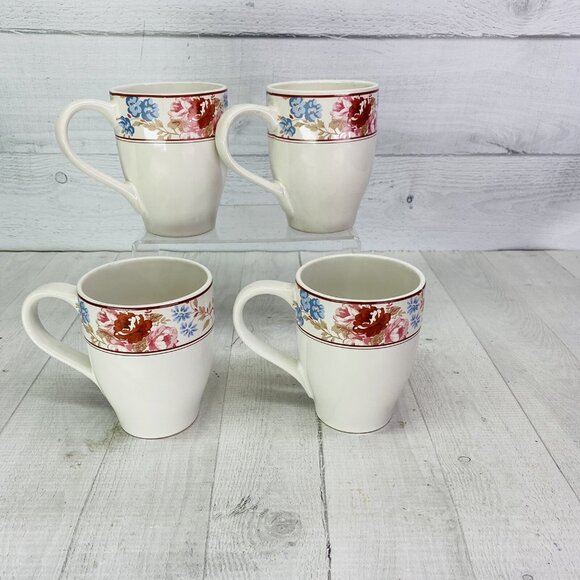 Country Living CUJ1 Center Red Rose Dot Stoneware White 16 oz Cups Mugs Set 4 - Picture 3 of 12